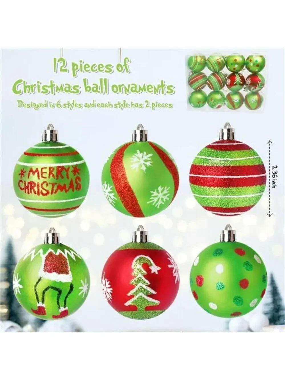 Red Green Glitter Christmas Ball Ornaments Set 12 Shatterproof Tree Decorations